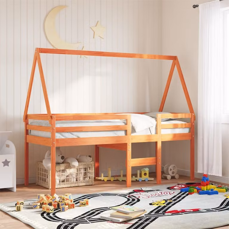Letto a soppalco con tetto vidaXL in legno di pino marrone cera per bambini 90x200 cm