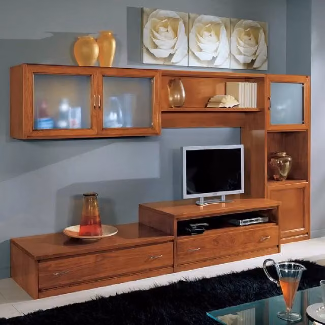 Parete attrezzata classica Bassano in legno di pino color noce Mobili 2G L: 265 cm, P: 36/60 cm, H: 176 cm