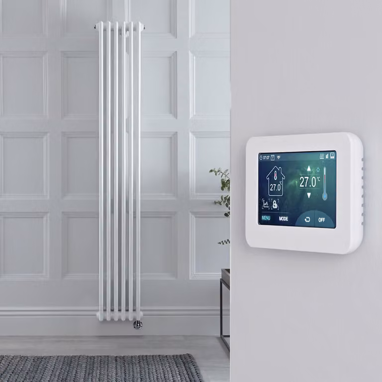 Radiatore Elettrico di Design Verticale Triplo Tradizionale HudsonReed, Bianco, H: 180 cm, L: 29 cm, P: 29 cm, con Termostato Wifi Touchscreen e Integrazione Smart Home, 1200W