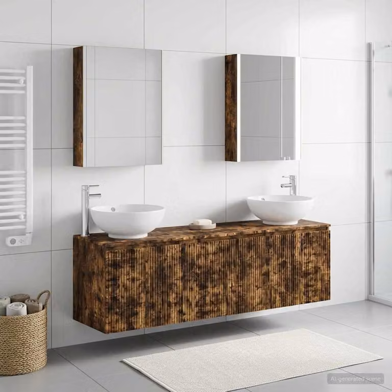 Set di mobili da bagno moderno vidaXL composto da 5 pezzi in legno ingegnerizzato color rovere fumo con illuminazione LED e montaggio a parete