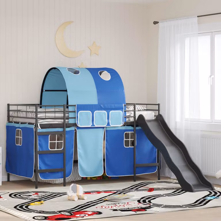 vidaXL Letto a castello per bambini con struttura a casetta e scala, Nero e Blu, L 200 x P 90 x H 195 cm