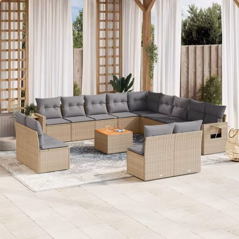 Set di divani da giardino vidaXL a forma di L in polyrattan beige con cuscini e tavolino da esterno