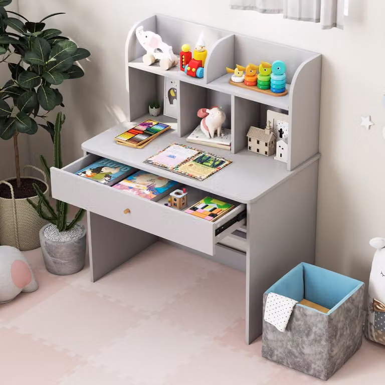 Scrivania per bambini Costway in legno con mensola e cassetto, Tavolo da scrittura e lettura Grigio chiaro, L: 80 cm, P: 48 cm, H: 102 cm