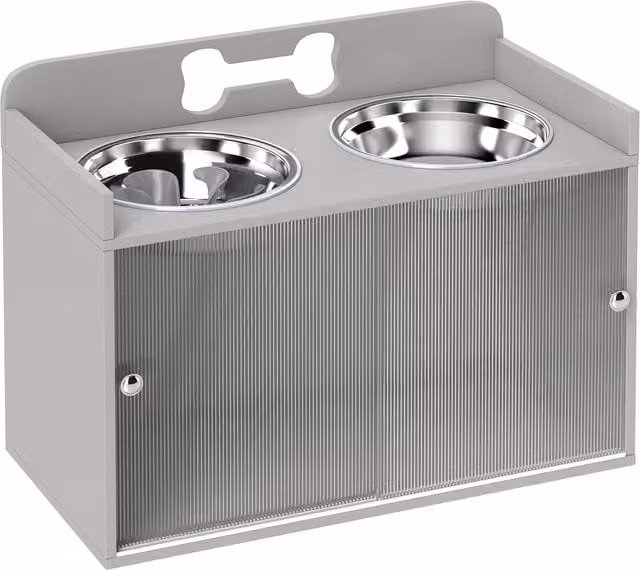 Stazione di alimentazione rialzata PawHut con 2 ciotole e armadietto, Grigio, L 60 x P 30 x H 46 cm