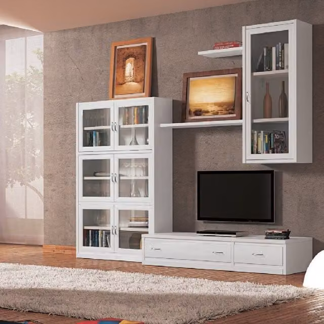 Parete attrezzata classica in legno di pino bianco con ante in vetro e ripiani aperti Mobili 2G L: 265 cm, P: 36/60 cm, H: 230 cm