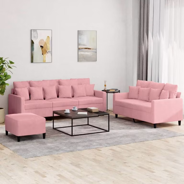 Set di divani vidaXL in velluto rosa composto da divano a 3 posti, divano a 2 posti e pouf con cuscini coordinati per il tuo soggiorno
