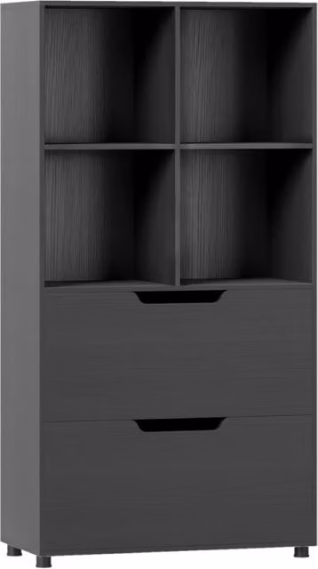 Libreria moderna DESIGN IN a 4 cubi con 2 cassetti in legno e metallo nera per soggiorno o ufficio domestico