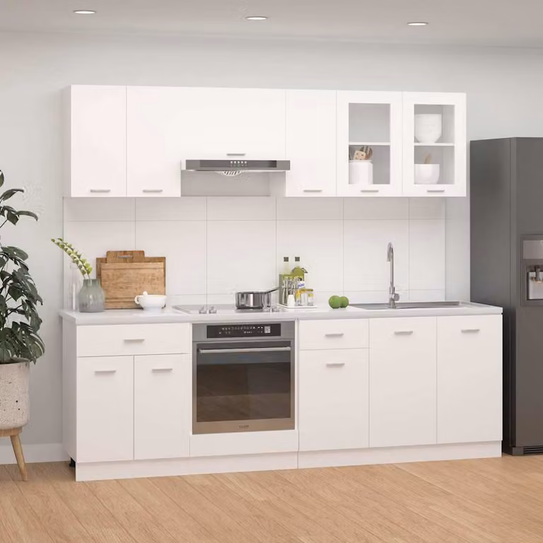 Set di armadi da cucina moderni vidaXL Lyon, 8 pezzi, bianco, in legno multistrato con ante a vetro e ripiani interni