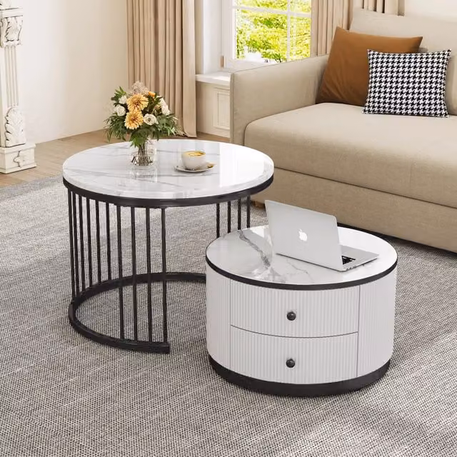 Set di 2 tavolini bassi rotondi OKWISH con piano effetto marmo lucido in MDF, bianco e nero, per soggiorno