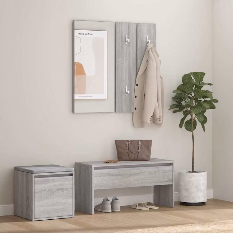 vidaXL Set di Mobili da Corridoio Moderno Grigio con Panca, Specchio, Pannello e Scarpiera in Legno e Plastica