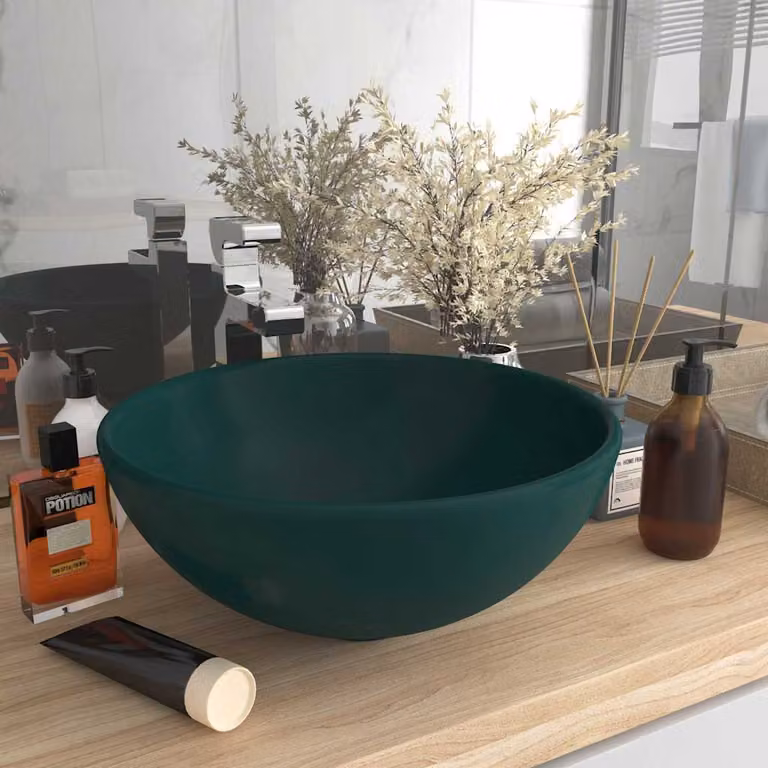 Lavandino da appoggio rotondo vidaXL in ceramica verde scuro opaco, Diametro: 32,5 cm, Altezza: 14 cm