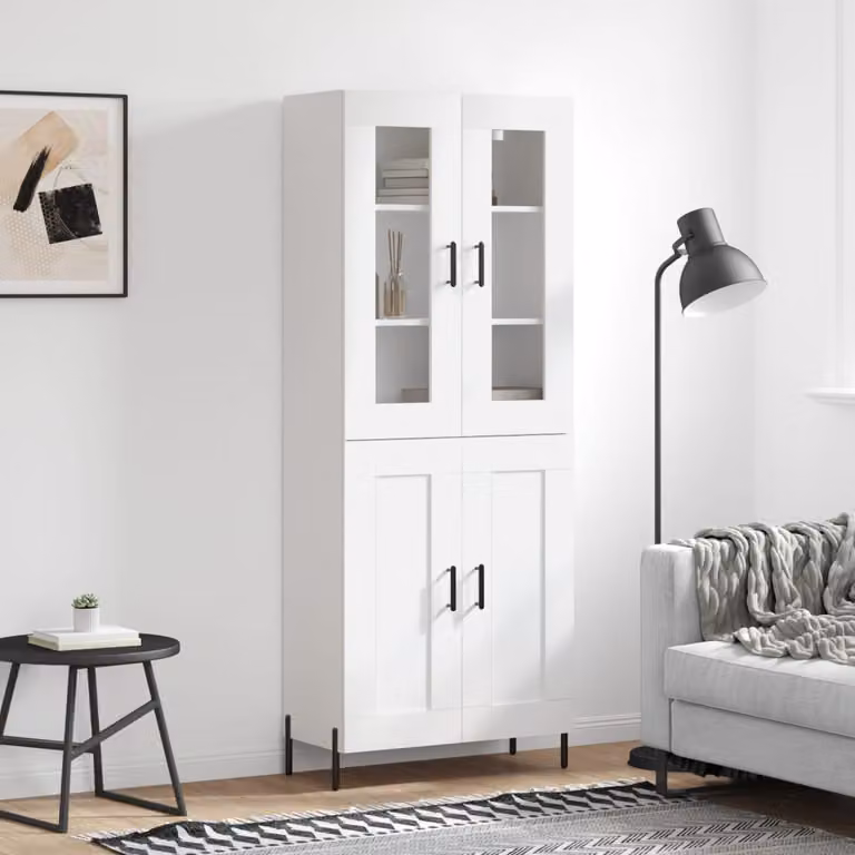 Credenza moderna vidaXL bianca con ante in vetro e ripiani interni, L: 69,5 cm, P: 34,0 cm, H: 180,0 cm