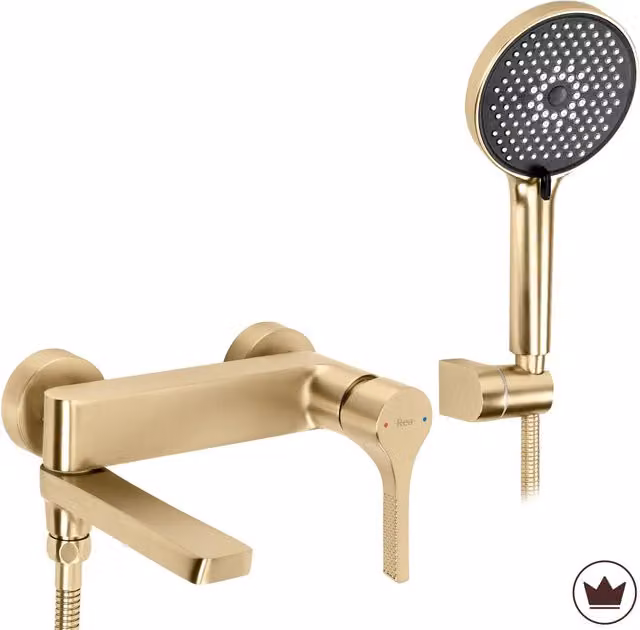 Rubinetto da vasca a parete Rea Maxim con leva singola e beccuccio orientabile in ottone color oro spazzolato