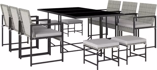 Set Pranzo da Patio Outsunny in Polyrattan Grigio con 6 Poltrone e 4 Pouf per 11 Persone