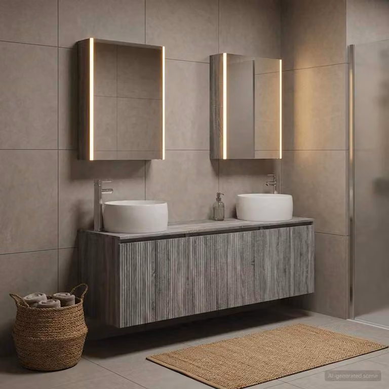 Set di 5 mobili da bagno moderni vidaXL in legno MDF grigio opaco con illuminazione LED e specchio