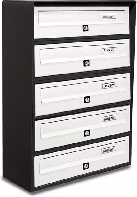ALUBOX SLIM Cassette Postali Condominiali da 5 Posti in Alluminio e Lamiera Zincata con Sistema Anti Prelievo, L/P/H: 63 x 39 x 30 cm, Colore: Antracite e Bianco