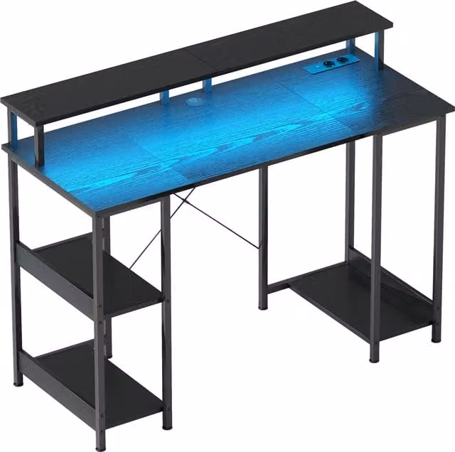 Scrivania per PC HOMCOM reversibile con prese elettriche, luci e supporto monitor, colore nero, L: 120 cm, P: 50 cm