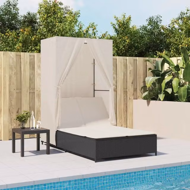 Lettino prendisole vidaXL in polyrattan nero con tetto parasole regolabile e poggiatesta per esterni