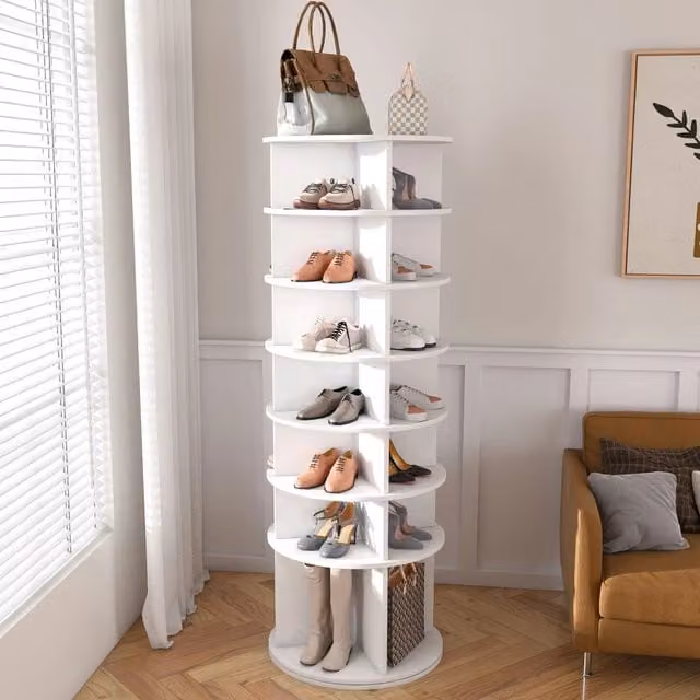 Scarpiera a torre girevole 360 gradi MINIMAL bianca con 7 ripiani per 28 paia di scarpe L/P/H: 60 x 60 x 184 cm