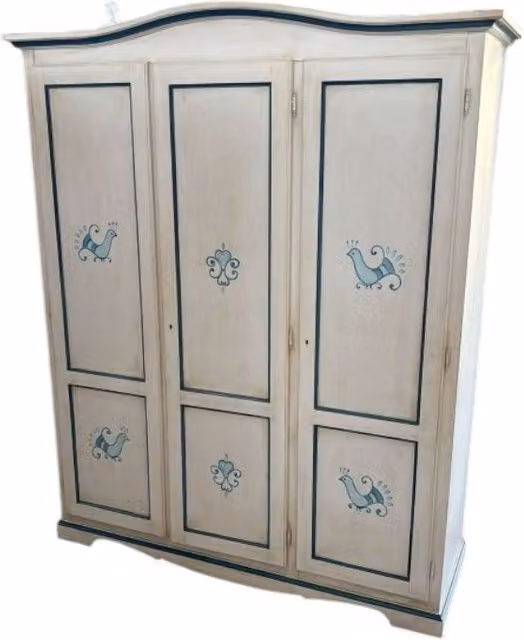 Armadio a 3 ante Mobili 2G in stile shabby chic bianco anticato con decorazioni floreali blu, L: 158 cm, P: 56 cm, H: 197 cm
