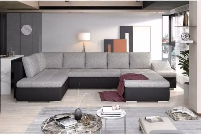 Divano panoramico GYOVANI MEUBLORAMA grigio, nero e argento con angolo destro, trasformabile con contenitore e funzione letto