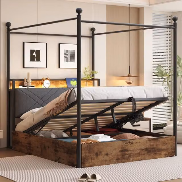 Letto multifunzionale Mivray con contenitore idraulico, baldacchino rimovibile, illuminazione LED e porte USB Type-C, colore nero, L/P: 140 x 190 cm