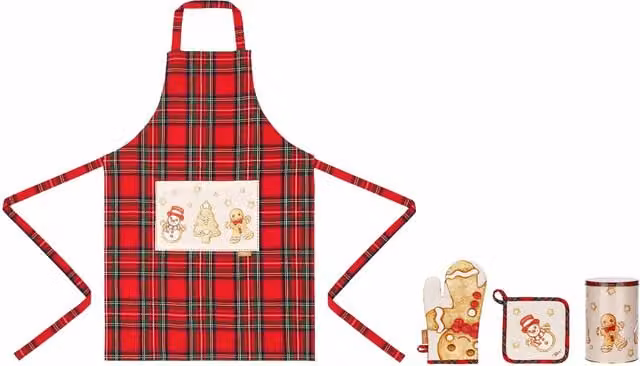 Set Thunland composto da presina, guanto da forno e grembiule rosso con scatola in latta