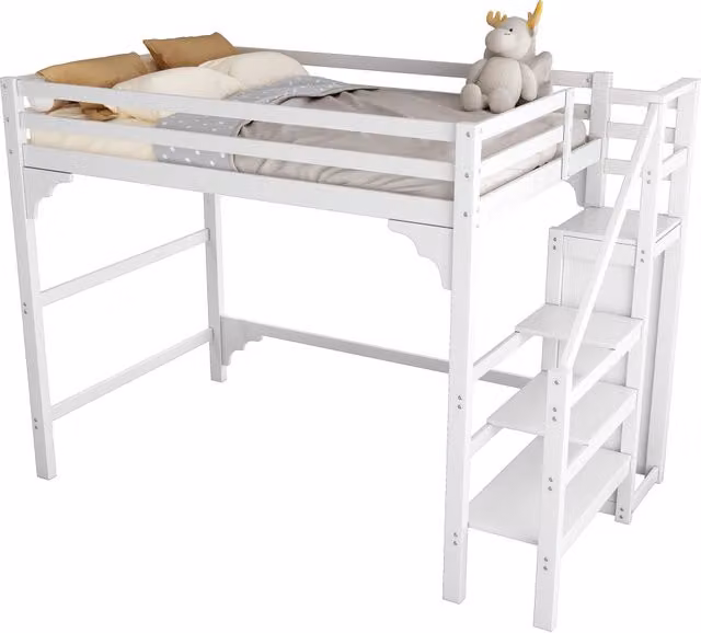 Letto a castello elevato REDOM in pino e MDF bianco con armadio e scala contenitore L/P/H: 245 x 140 x 175 cm