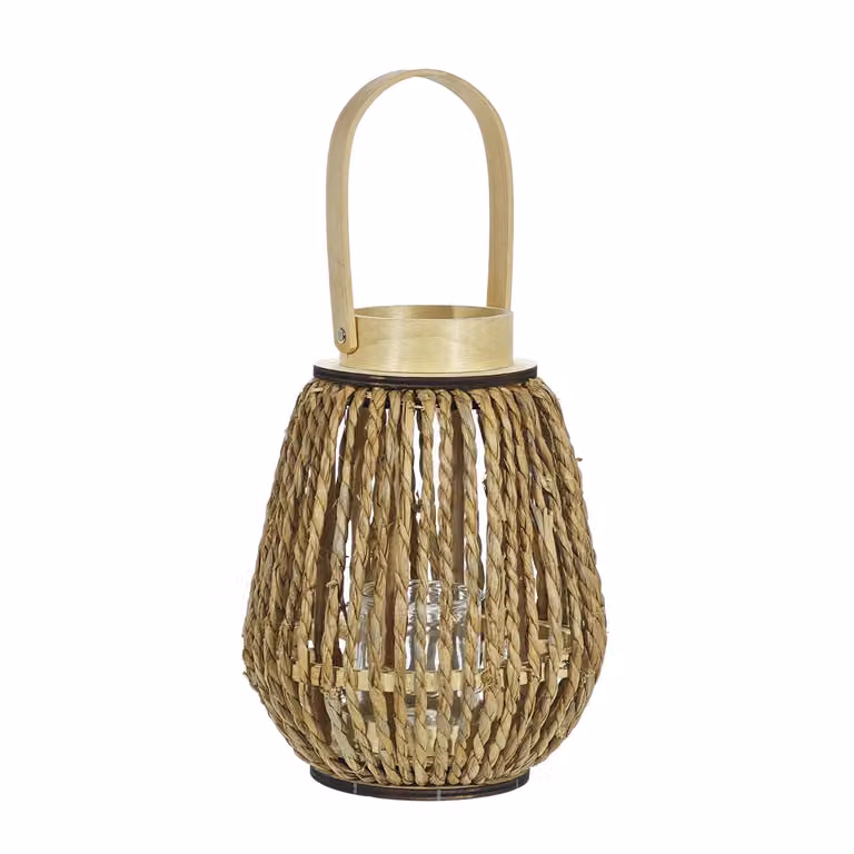 Lanterna Portacandela VESTIAMO CASA in Legno, Vetro e Rattan, Colore Beige, Altezza: 27 cm