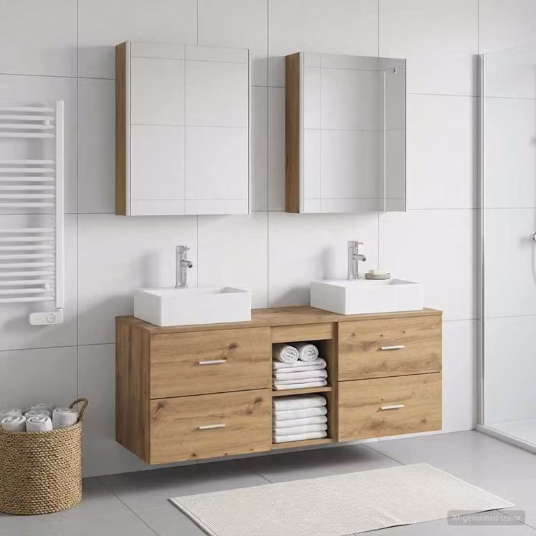 Set di mobili da bagno moderno vidaXL in legno e vetro marrone con illuminazione LED e specchio