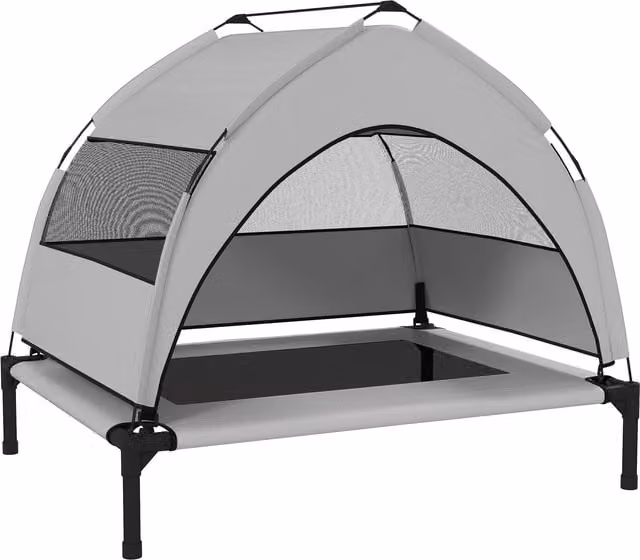 Cuccia da esterno rialzata PawHut con tetto e telaio in acciaio per cani di taglia media, Grigio chiaro, L: 76 cm, P: 61 cm, H: 70 cm