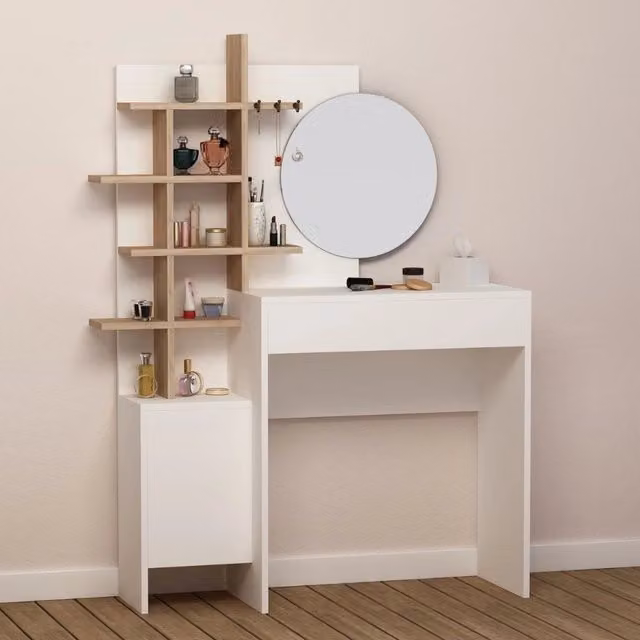 Toeletta trucco Mup moderna bianca con vani a giorno colore rovere