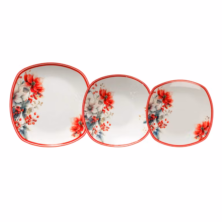 Servizio di piatti Natalizio Winter Bloom GUSTO CASA in Porcellana, 18 pezzi, decoro floreale rosso e bianco