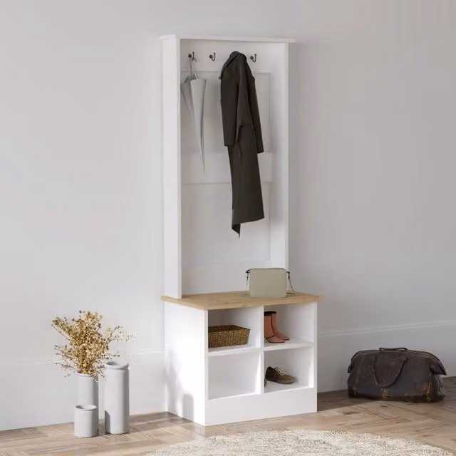DMORA Mobile da Ingresso Verderio con Ripiani e Ganci, Bianco e Rovere, L: 64 cm, P: 43 cm, H: 175 cm