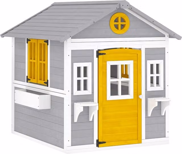 Casetta per bambini Outsunny in legno con porta, finestre e fioriere, Grigio