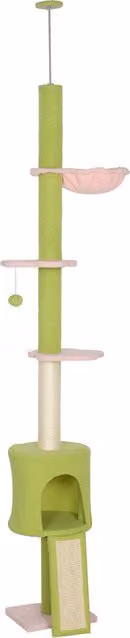 Tiragraffi PawHut da pavimento a soffitto per gatti a 5 livelli con amaca e cuccia, verde, Altezza regolabile: 220-240 cm