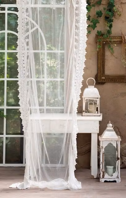 Tenda in Voile con Doppio Pizzo Ricamato Floreale Stile Shabby Chic Provenzale Blanc Mariclò, Colore Bianco