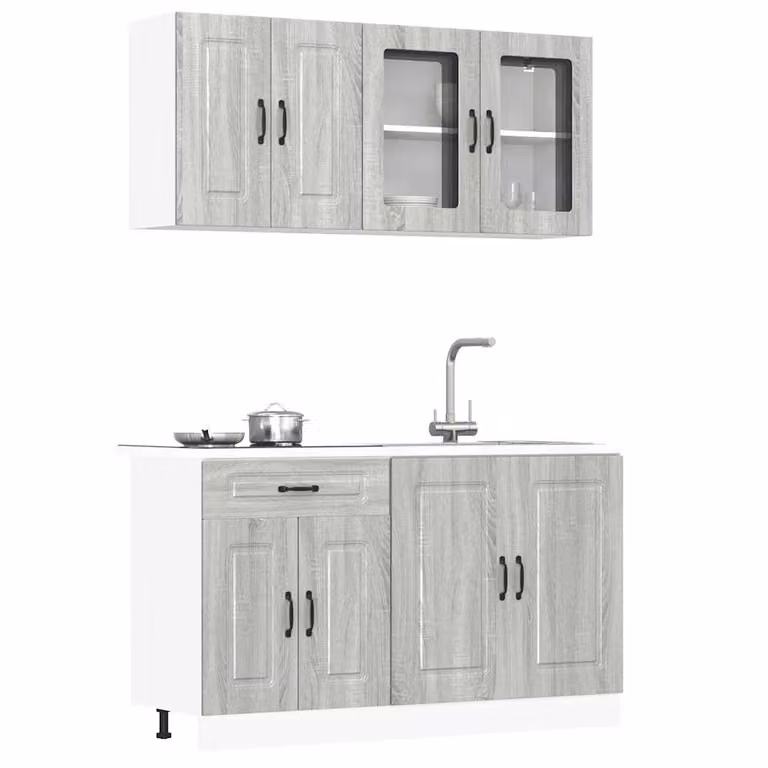 Set di mobili da cucina moderno vidaXL Kalmar composto da 4 pezzi in colore grigio con ante in vetro e ripiani interni