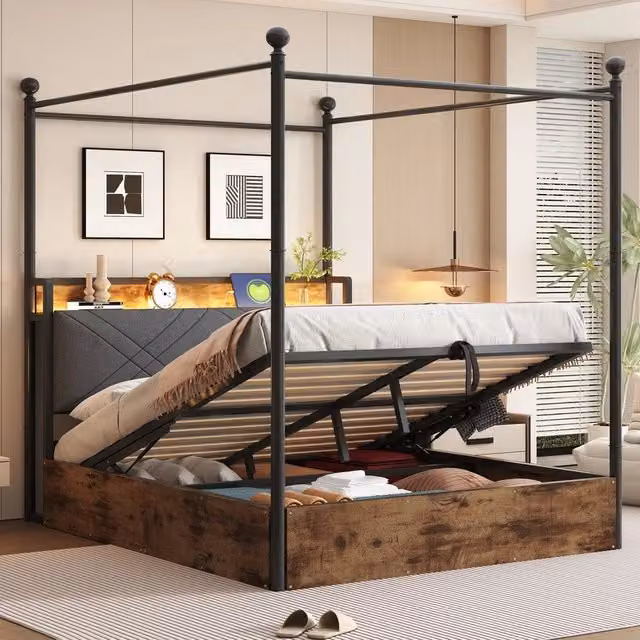 Letto Matrimoniale Minimal in Metallo Nero con Baldacchino, Contenitore Idraulico, Illuminazione LED e Porte USB, L/P: 140 x 190 cm