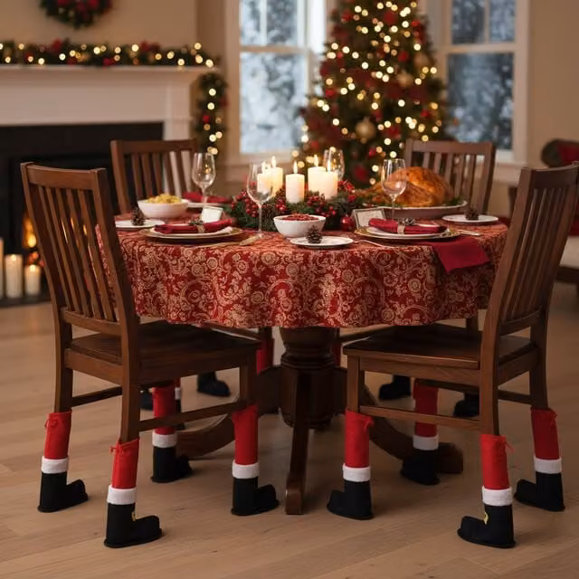 Set di 4 coperture per gambe di sedia a tema Babbo Natale in pile, colori rosso, nero e oro