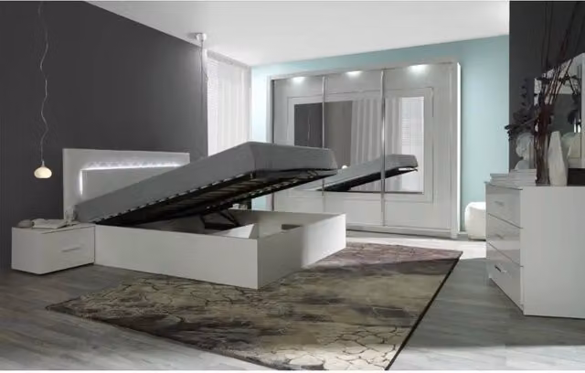 Set letto contenitore PANAREA MEUBLORAMA con illuminazione LED e comodini, Bianco lucido, L/P/H: 160 x 200 x 100 cm