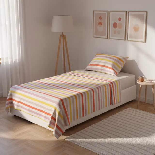 Completo letto singolo KASANOVA con stampa a righe rosa e multicolore in poliestere e poliacotton, L/P/H: 90 x 190 cm