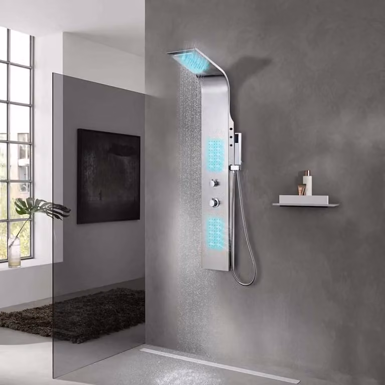 Pannello Doccia Curvo vidaXL in Acciaio Inossidabile Spazzolato con Termostato, Doccia a Pioggia e Massaggio, Colore Argento, H: 130 cm