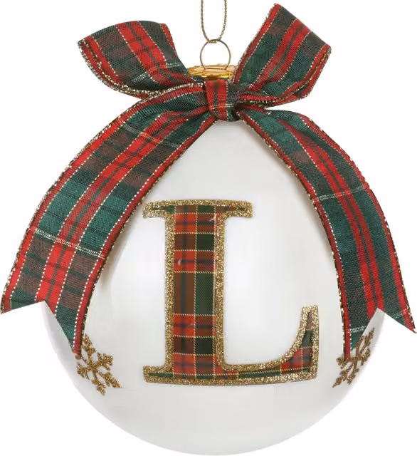 Pallina di Natale KASANOVA in vetro con lettera L e motivo tartan nei colori rosso, bianco e verde, diametro: 10 cm