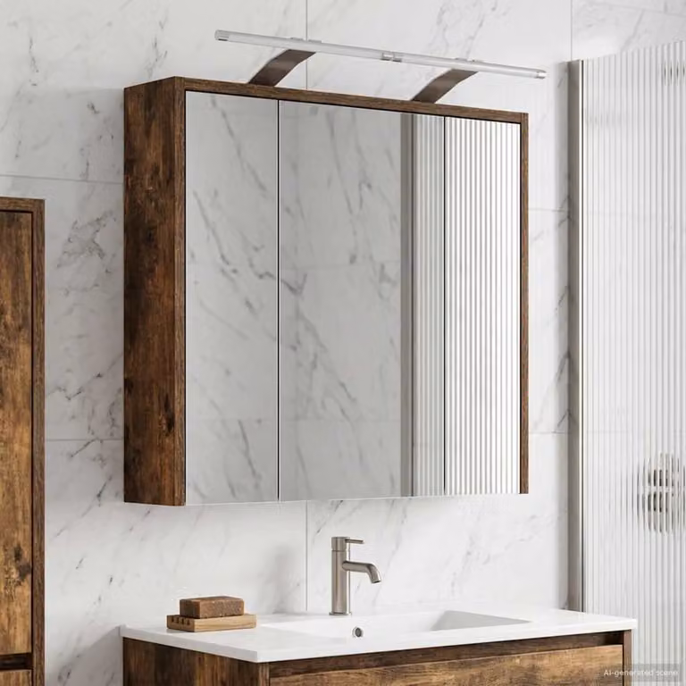 Mobiletto per specchio da bagno vidaXL moderno con illuminazione LED e specchio, Rovere fumé, L: 63,5 cm, P: 16 cm, H: 62,5 cm
