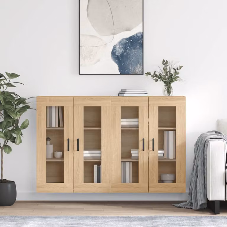 Set di 2 armadietti a parete vidaXL in legno e vetro con ante in vetro, colore marrone rovere, L/P/H: 90 x 34 x 69,5 cm