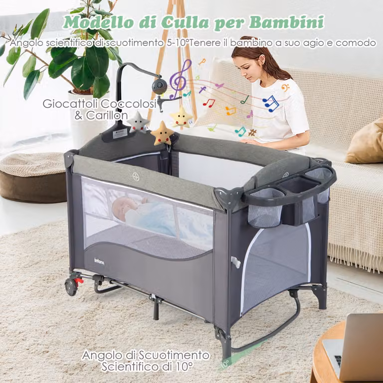 Culla 5-in-1 Costway con materasso, cambio pannolini, carillon e giocattoli, dondolo portatile per neonati in blu scuro e grigio