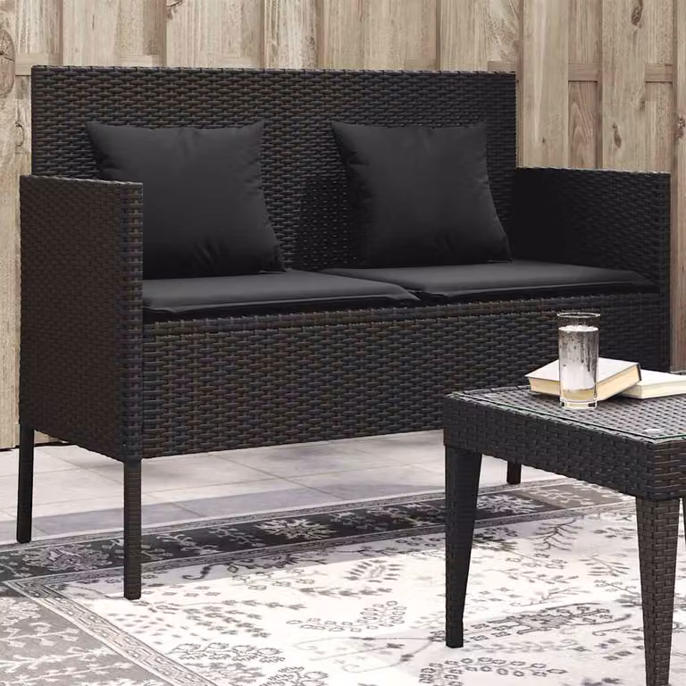 vidaXL Panca da Giardino Moderna in Polyrattan Nera con Cuscini L: 113 cm, P: 61 cm, H: 87 cm