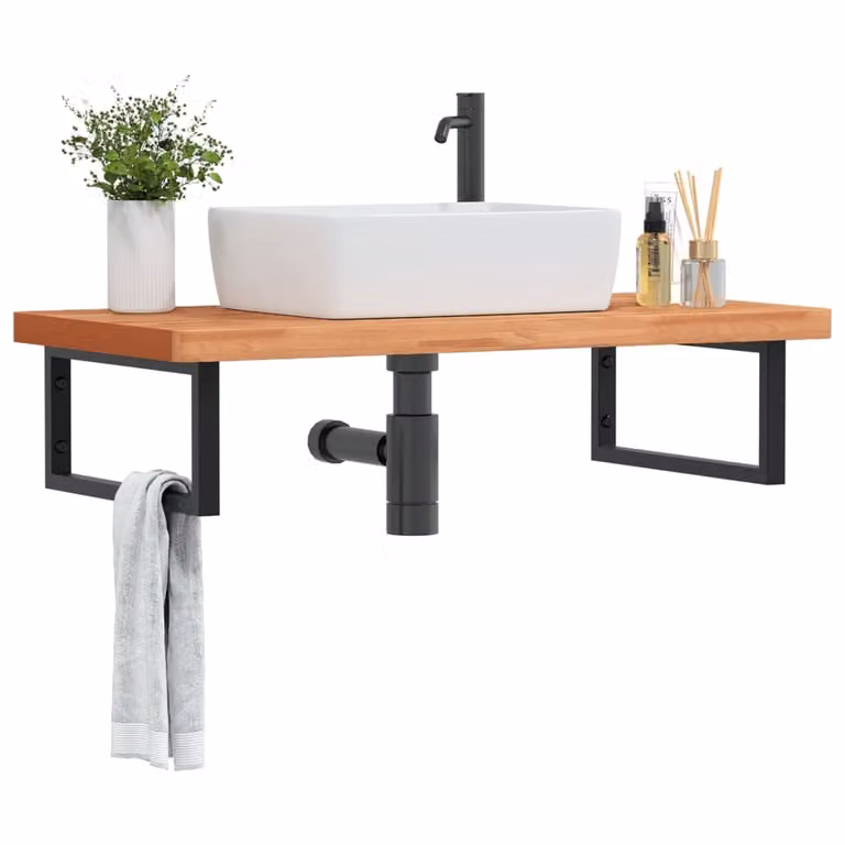 vidaXL Ripiano da parete per lavabo moderno in acciaio e legno di faggio, nero e marrone, L: 50 cm, P: 20 cm, H: 3 cm