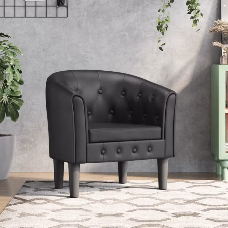 Poltrona Cabriolet moderna vidaXL in similpelle nera con braccioli e struttura in legno e plastica, L: 70,0 cm, P: 68,0 cm, H: 56,0 cm